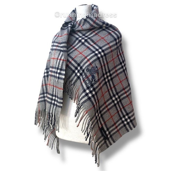 Vintage Burberry Nova Check Blanket Scarf Equestrian Knight Logo Grey Navy Blue - Picture 10 of 15